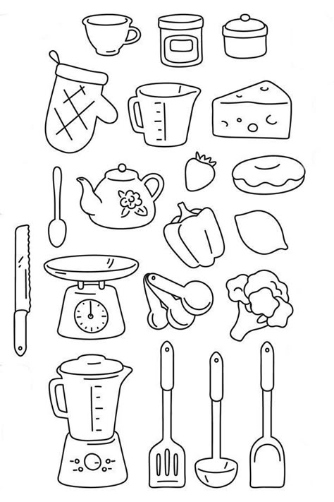 Draw Kitchen Tools, Cooking Design Art, Kitchen Items Drawing, Cooking Tools Drawing, Cooking Illustration Drawing, Cute Kitchen Drawing, Cook Book Design Diy, Cooking Art Drawing, Carpentry Aesthetic