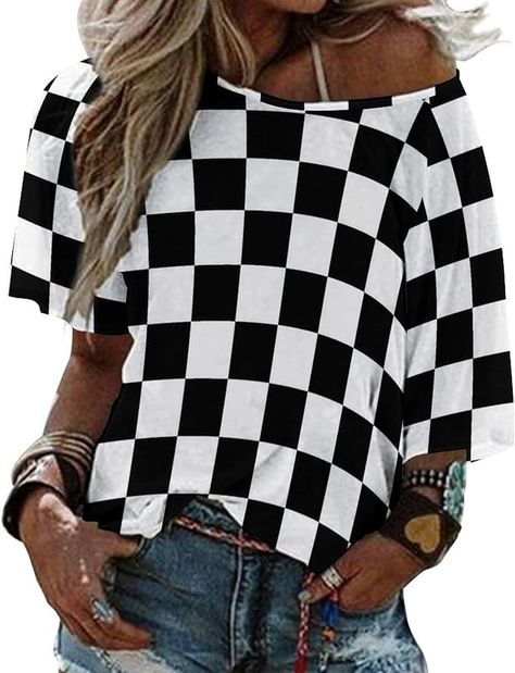 Ykklima Black White Race Checkered Flag Pattern Womens Tops Sexy Off Shoulder Shirts Casual Short Sleeve T-Shirt L at Amazon Women’s Clothing store Flag Pattern, Off Shoulder Shirt, Checkered Flag, Shoulder Shirts, Checkered Pattern, Amazon Women, Clothing Store, Casual Shirts, Casual Shorts