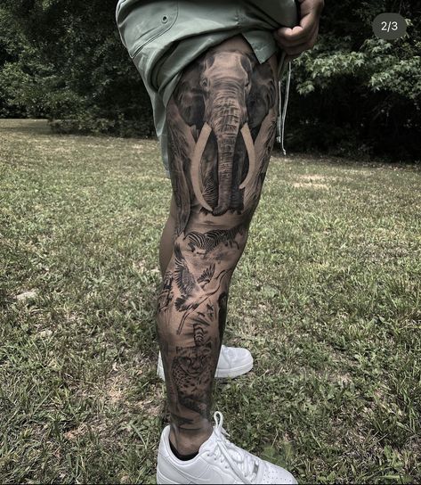 Full Leg Animal Tattoo, Leg Sleeves Tattoos Men, Black And Grey Leg Tattoos For Men, Tattoo Sleeve Men Animals, Leg Sleeve Animals, Man Leg Sleeve Tattoo, Guys Leg Tattoos Sleeve, Jungle Theme Leg Tattoo, Cool Leg Sleeve Tattoos Men