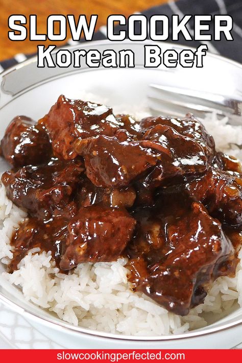 Flavorful Korean Beef in the Slow Cooker. Enjoy tender, juicy beef with a sweet and savory sauce. Slow Cooker Teriyaki Beef, Korean Beef Dishes, Korean Beef Tips, Crispy Beef Chinese, Crockpot Chinese, Crock Pot Asian, Korean Beef Recipe, Riblets Recipe, Korean Beef Recipes