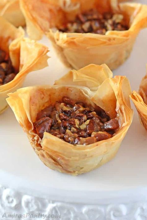 Mini Pecan Pies ; In Phyllo Cups Philo Dough Dessert Recipes, Mini Stuffing Cups, Pecan Baking, Easy Mini Pecan Pies, Phyllo Desserts, Phyllo Dough Cups, Pecan Baklava, Philo Pastry, Stuffing Cups