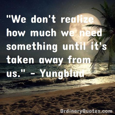 We don't realize how much we need something until it's taken away from us. Yungblud | Check out other quotes: https://ordinaryquotes.com/pictures-quotes/best-yungblud-quotes/ Yungblud Quotes, Lil Peep Hellboy, Satisfying Things, Ordinary Quotes, Pictures Quotes, Thought Quotes, Deep Thought, Deep Thought Quotes, Thoughts Quotes