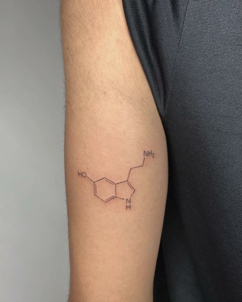 Tattoos Chemistry Molecule, Chemical Structure Tattoo, Serotonin Molecule Tattoo, Chemical Tattoo, Serotonin Tattoo, Chemistry Tattoo, Rocket Tattoo, Molecule Tattoo, Brain Tattoo