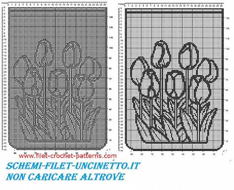 Free filet crochet pattern curtains with tulips flowers Pattern Curtains, Crochet Curtain Pattern, Square Crochet Pattern, Crochet Curtains, Crochet Cross, Square Crochet, Granny Square Crochet Pattern, Curtain Patterns, Tulips Flowers