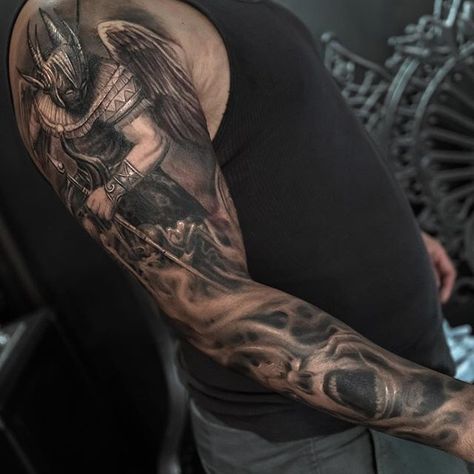 ➰ Angel Sleeve Tattoo, Satanic Tattoos, Story Tattoo, Skull Sleeve Tattoos, Tattoo Filler, Skull Sleeve, Clown Tattoo, Back Tattoos For Guys, Horror Tattoo