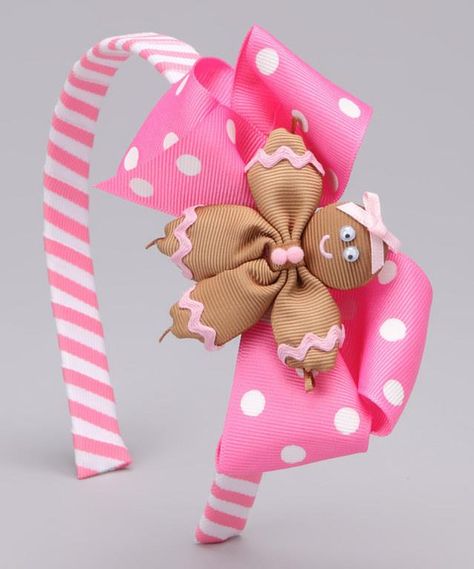 Gingerbread girl bow Gingerbread Headband, Pink Gingerbread, Ribbon Sculptures, Kids Hair Bows, Hair Bow Tutorial, Ribbon Sculpture, Christmas Hair Bows, Bow Headband Hairstyles, Hair Ribbons