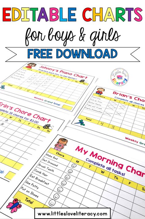 FREE Editable charts for kids {printable template} Use for chores, morning routine, bedtime routine, practicing an instrument like piano, practicing sight words, practicing math facts, & more! 18 charts in all-9 boys and 9 girls. You can edit the title, subtitle, and tasks. Perfect for preschool, kindergarten, and lower elementary students. Great way to teach time management and organization skills to kids and responsibility using chore charts. Customize for your family! Morning Routine Printable, Daily Routine Chart For Kids, Homework Chart, Free Printable Chore Charts, Bedtime Routine Chart, Morning Routine Chart, Morning Routine Kids, Kids Routine Chart, Daily Routine Chart