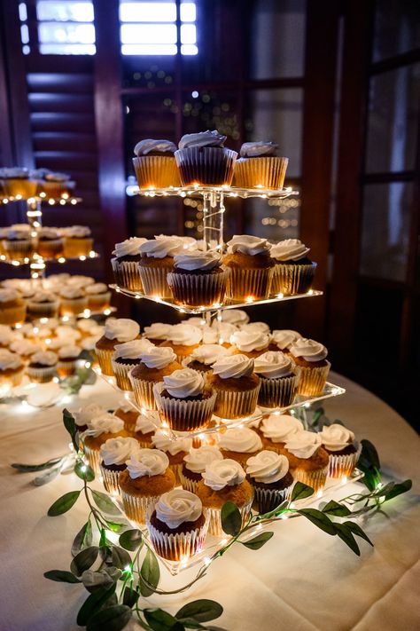 Dreamy Dubsdread Golf Course Wedding | cupcake tower Wedding Guest Dessert Ideas, Wedding Pastries Table Ideas, Cupcake Display For Wedding, Pastries For Wedding, Wedding Reception Cupcakes, Wedding Cupcake Bar, Cupcake Table Wedding Display, Cheesecake Tower Wedding, Cupcake Dessert Table Display