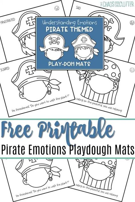 Free printable pirate emotions playdough mats. These pirate themed emotions playdough mats are a great way to get kids to learn about feelings. Most kids like pirates. These use pirate situations and list the corresponding emotion. Pirate Bingo Free Printable, Pirate Prek Activities, Pirate Dramatic Play, Pirate Theme Activities, Pirate Preschool Activities, Pirate Theme Preschool, Free Pirate Printables, Pirate Activities For Kids, Pirates Activities