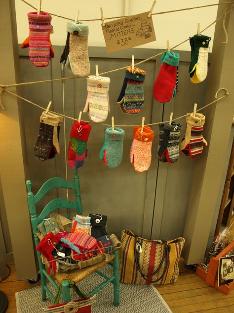 Salvaged & recycled sweaters repurposed into mittens with fleece linings. Studio 184 #repurposed #sweaters Table Display Ideas, Craft Table Display, Craft Fair Table, Yarn Display, Gift Shop Displays, Sock Display, Craft Show Booths, Craft Fairs Booth, Craft Booth Displays