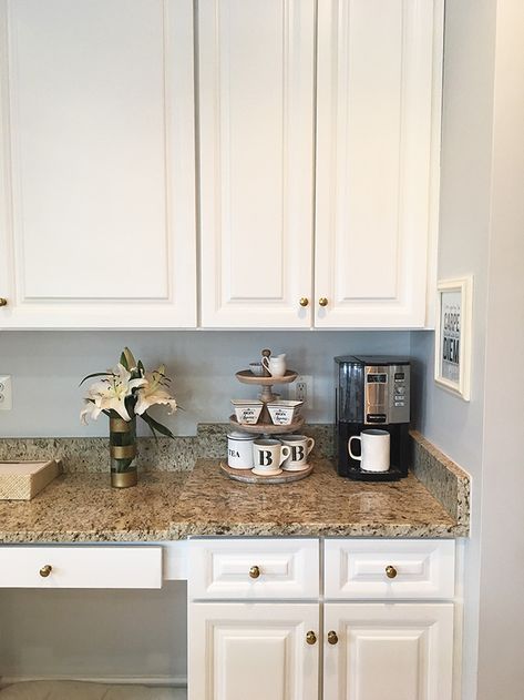 Painted Cabinets Brown Granite, Magnolia Cabinet Paint, 90s Granite Kitchen Update, Warm White Cabinets Kitchen, Painting Dark Cabinets, Brown Granite Countertops Kitchen, Cabinets 2023, Cabinet Color Combinations, Kitchen Colors Ideas