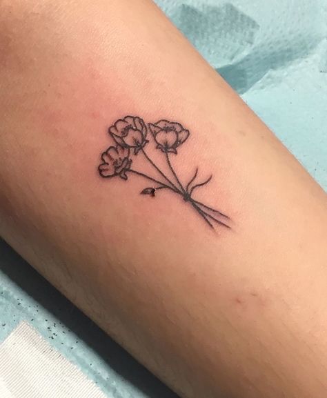 Sister Tattoos For 3 Flowers, Triple Flower Tattoo, Tulip Bunch Tattoo, Butter Cup Flower Tattoos, Flower Bunch Tattoos, Three Flowers Tattoo, Buttercup Flower Tattoo, Sister Flower Tattoos, Flower Bunch Tattoo