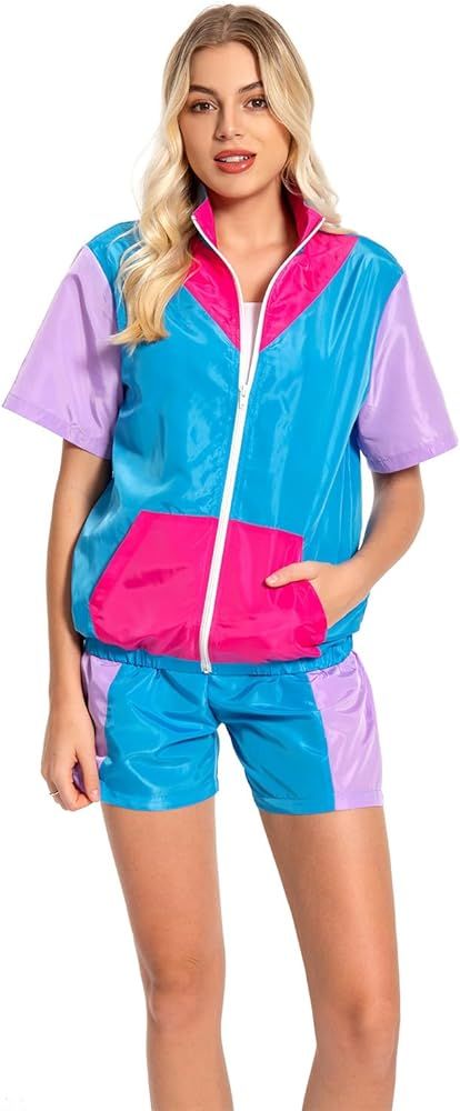 Amazon.com: Womens 80s/90s Tracksuit 2 Piece Short Sleeve Outfits Retro Patchwork Sport Windbreaker Zip Elastic Waist Sportswear (Blue, Large) : Clothing, Shoes & Jewelry Bad Taste Outfit, 90s Tracksuit, Style Année 80, Outfits Short Sleeve, Windbreaker Outfit, Hip Hop Street Style, 1980s Women, Womens Cosplay, Outfits Retro