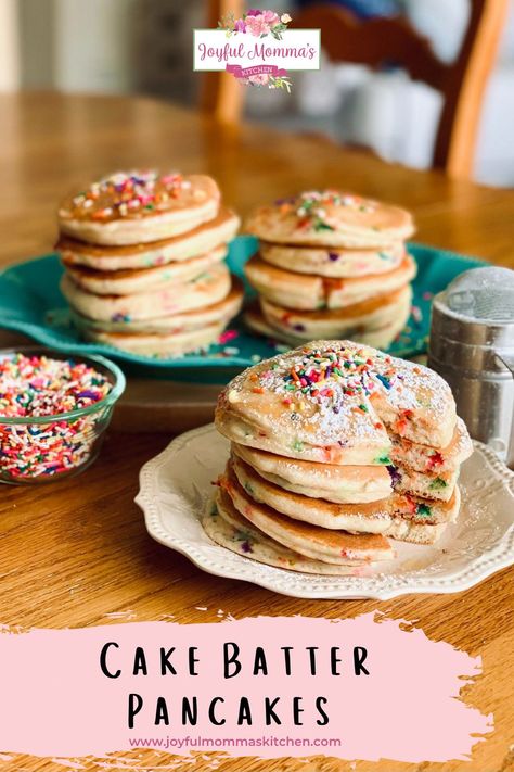 I LOVE Pancakes. And, I love cake. SO, what better way to start any special day than with Cake Batter Pancakes?! It does taste just like you're eating cake for breakfast, but it doesn't hurt to treat yourself every now and then! Cake Batter Pancakes, Pancake Cake, School Breakfast, Oatmeal Pancakes, Comfort Food Recipes, Brunch Dishes, The Friendship, Breakfast Cake, Pancakes And Waffles