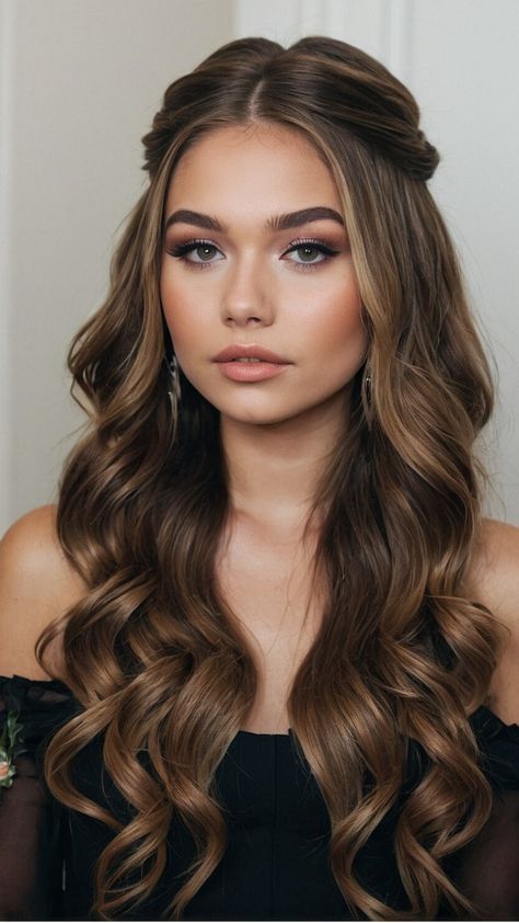 Curls Hairstyles For Long Hair, Weave Hairstyles For Graduation, Bridesmaids Hair Straight, Middle Part Wavy Hair Wedding, Wavy Hair For Photoshoot, Hollywood Glam Bridesmaid Hair, Hair Half Up Half Down Prom, Long Hairstyles For Event, Hairstyle For Damas