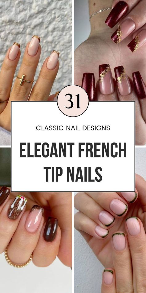 Step up your winter style with elegant French tip nails! These designs feature classy touches like gold or red tips on almond or short nails. Perfect for anyone looking for a chic, simple manicure. Save this pin to discover more elegant nail polish ideas and classy French manicure looks! French Nails Ideas White, Short Oval Nails French Tip, French Tip Nails With Design Square, Almond Shaped Christmas Nails, French Tip Nails Short Square, Simple Elegant Nail Designs, Fancy French Nails, Gel Nails Almond Shape, Winter French Tip Nails