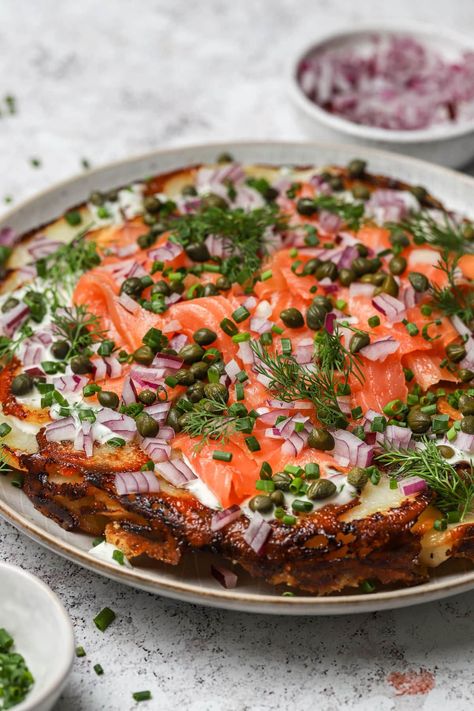 Crispy Potato Galette with Smoked Salmon & Creme Fraiche #potatogalette #potato #smokedsalmon #parmesan #cremefraiche #dill #lemon #caper #chive #onion #Frenchrecipe #breakfast #breakfastrecipe | Well Seasoned Studio Creme Fraiche Sauce, Potato Galette, Red Onion Relish, Onion Relish, Pickled Red Onions, Crispy Potatoes, Peeling Potatoes, Sliced Potatoes, Fresh Dill