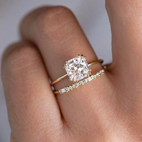 Custom Custom Bridal Set in 14K Yellow Gold for Hunter & Jane Dainty Gold Band, Yellow Gold Solitaire Engagement Ring, Radiant Cut Rings, Diamond Bridal Ring Sets, Gold Solitaire Engagement Ring, Moissanite Bridal Sets, Yellow Gold Solitaire, Bridal Ring Sets, Dream Engagement Rings