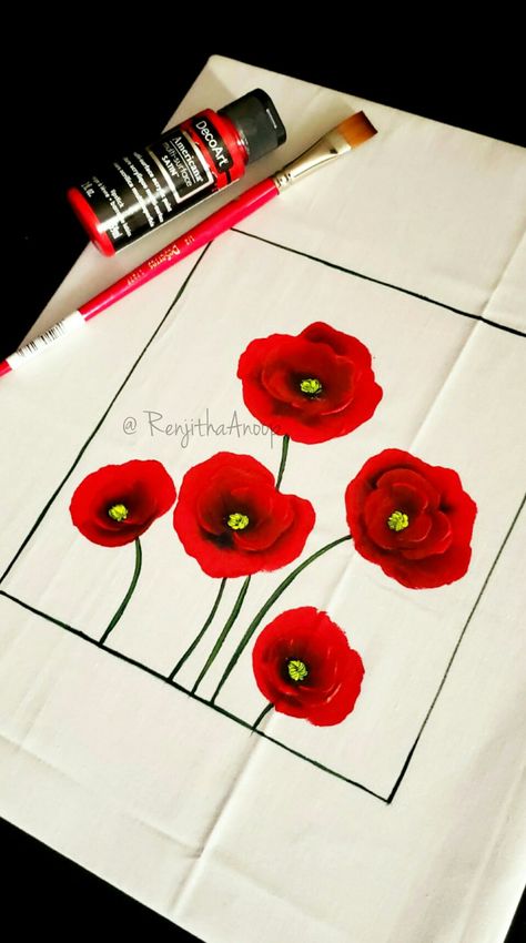 Fabric Painting Poppy Painting Acrylic Painting on Fabric  #fabricpainting #paintingonclothes #poppypainting #acrylicpainting #decoart #deserres #RenjithaAnoop Poppy Painting Acrylic, Acrylic Painting On Fabric, Flowers Painting Acrylic, Acrylic On Fabric, Acrylic Paint On Fabric, Poppy Flower Painting, Painting On Fabric, Flower Shop Interiors, Acrylic Art Projects