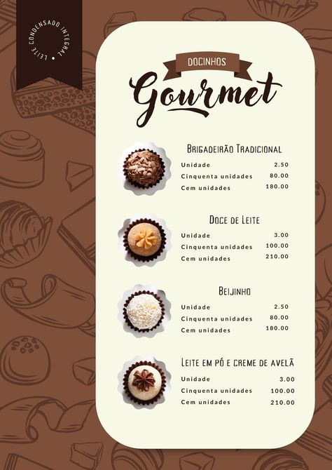 menu cardápio brigadeiro docinho doces gourmet - Modelos do Canva Brigadeiro Logo, Bakery Menu, Dessert Packaging, Mini Donuts, Menu Template, Menu Cards, Brownie Recipes, Sweets Treats, Menu Design