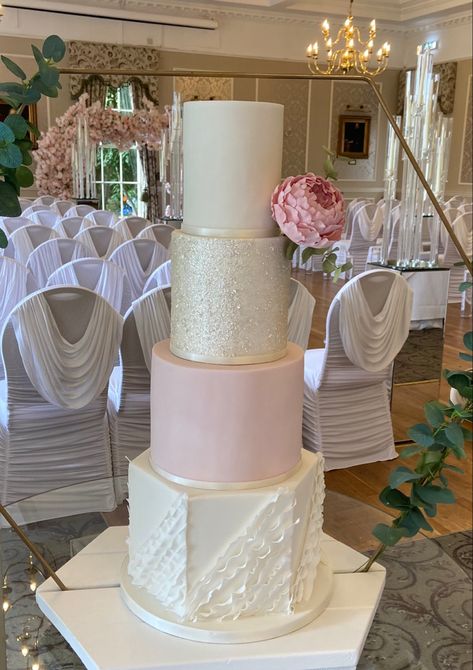 4 tier modern wedding cake with hexagon tier, ruffkes, pink & white, sugar peony Wedding Cake Hexagon, Ruffles Wedding Cake, Single Tier Wedding Cake, Hexagon Wedding Cake, 4 Tier Wedding Cake, Ruffle Wedding Cake, Tier Cakes, Modern Wedding Cake, Tiered Wedding Cake