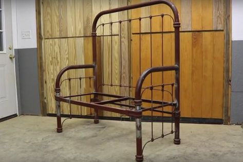 Bed to Bench - Metal Version : 7 Steps (with Pictures) - Instructables Wrought Iron Bed Frame Ideas, Bench From Iron Bed, Metal Headboard Bench Diy, Metal Bed Bench, Metal Bed Frame Benches, Iron Bed Frame Ideas Repurpose, Metal Bedframe Repurposed, Repurposed Metal Bed Frame, Iron Headboard Repurpose