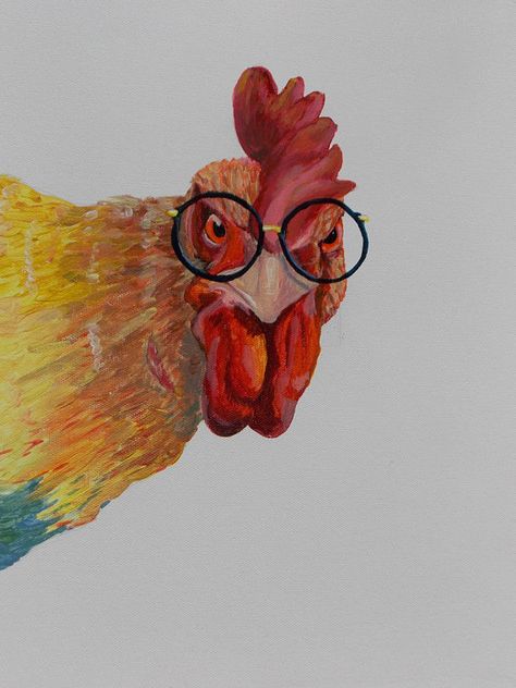 Rooster Canvas Painting, Surreal Chicken Art, Chicken Painting Acrylic Roosters, Funny Rooster Painting, Rooster Portrait, Chicken Head, Farm Animal Paintings, Chicken Drawing, Chicken Illustration