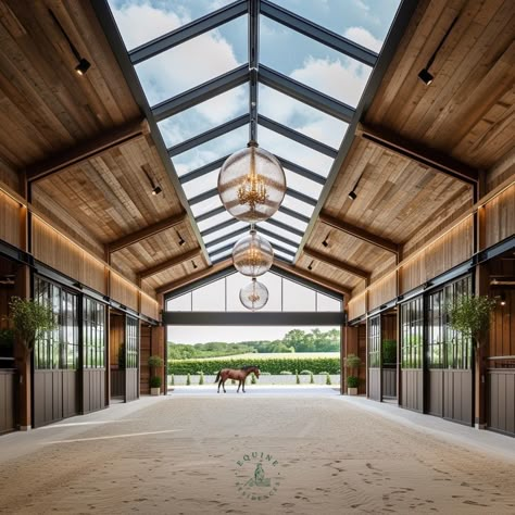 When your stable is your literal world... We have been playing around with interior design to the exclusion of the physical stables of late, but decided it would make sense to put our projects together with this more modern, yet welcoming and rustic style. This may be our favorite, yet.  Included: - Stables - Interior stable barn aisle - Owner's lounge / office / conference room - Indoor arena - Tack room - Cafe / farm shop  **THESE IMAGES ARE Al** **We are currently seeking copyrights on all material, so while pending, consider them copyrighted to Equine Residences ™️** Horse Stables Tack Room, Modern Horse Stable Design, Stable With Indoor Arena, Modern Horse Stable, Aesthetic Stables, Modern Stables, Modern Horse Barn, Stables Interior, Horse Barn Interior