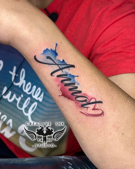 Colored Name Tattoo Design, Water Ink Tattoo, Color Splash Tattoo Design, Colourful Tattoo Designs, Colour Flash Tattoo, Color Full Tattoo, Colour Splash Tattoo, Watercolor Name Tattoo, Color Name Tattoo