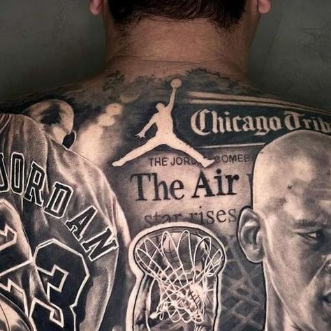 ARKAD TATTOO STUDIO on Instagram: "⚜️ Michael Jordan ⚜️ Tatuagem feita em mais de 50 horas (7 sessões) Artista @edergaldinotattoo #jordan #michaeljordan #jumpman #nike #tattoo #tatuagem #tattoonascostas #backtattoo #tattoorealismo #basketball #airjordan" Michael Jordan Tattoo Design, Michael Jordan Tattoo, Nike Tattoo, Jordan Tattoo, Basketball Tattoos, Brian Dawkins, Chicano Tattoos, Jordan Logo, Back Tattoo