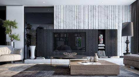 30 Black & White Living Rooms That Work Their Monochrome Magic Modern Private House, White Living Room Decor, Black And White Living Room, White Furniture Living Room, Living Tv, Tv Wall Design, Private House, Modern Houses Interior, White Living