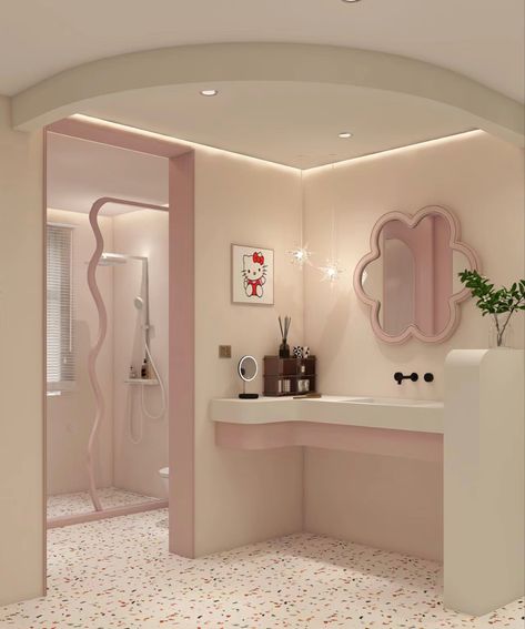 Cute Girl Bathroom Ideas, Hello Kitty Bathroom Aesthetic, Pink Apartment Aesthetic Bathroom, Hello Kitty Mansion, Aesthetic Pink Bathroom, Bloxburg Restroom, Cutecore Bathroom, Cute Aesthetic Bathroom, Baby Pink Bathroom