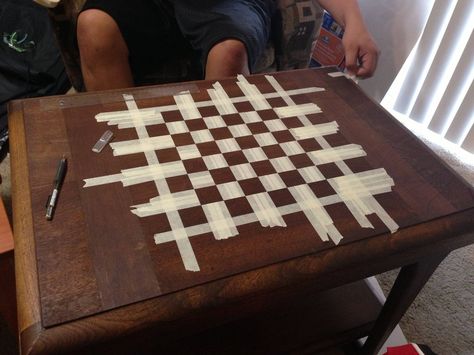 Diy Chess Board Table, Making A Chess Board, Chess Table Aesthetic, Coffee Table Chess Board, Outdoor Chess Table, Painted Chess Board, Chess Bars, Chess Board Table, Chess Squares