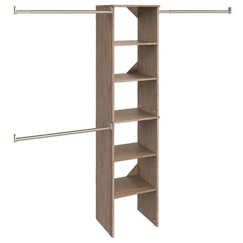 PRICES MAY VARY. ALL IN ONE CLOSET ORGANIZER: Wood closet organizer set with tower, (3) expandable rods and (5) interior shelves (2 adjustable) FITS CLOSETS 4 – 9 FT. WIDE: Fits closets 4 feet to 9 feet wide; Hang rods expand from 30 inches to 48 inches, can be installed on only one side of unit or trimmed for smaller closets SUITESYMPHONY COLLECTION: Add on drawers, additional rods, top shelves or other compatible units to create a custom closet (sold separately) VERSATILE HOME ORGANIZATION: Ho Wood Closet Organizers, Wood Closet Systems, Wood Closet, Furniture Sketch, Closet Kits, Closet Rods, Affordable Storage, Closet Systems, Closet Organizing Systems