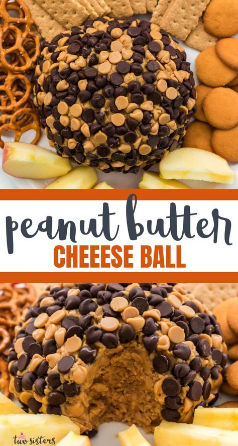 Cream Cheese Peanut Butter Balls, Sweet Party Food, Reese’s Peanut Butter Cheese Ball, Peanut Butter Cheese Ball, Reese’s Dessert Cheese Ball, Cheeseball Shaped Like Pumpkin, Cheese Ball Recipes Pumpkin Shaped, Peanut Butter And Cream Cheese, Peanut Butter And Chocolate Chips