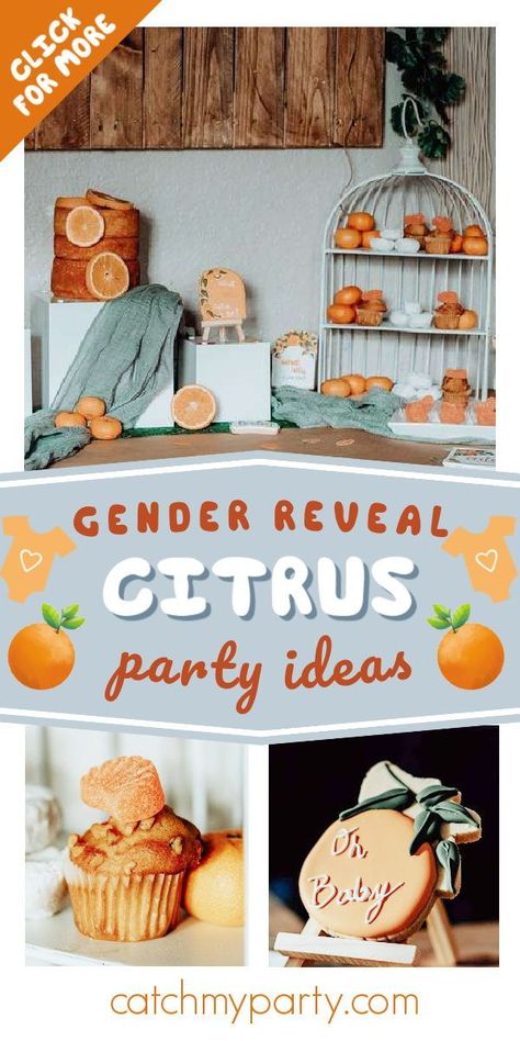 Take a look at this cute citrus-themed gender reveal party! Love the cookies! See more party ideas and share yours at CatchMyParty.com Citrus Gender Reveal, Cutie Gender Reveal Ideas, Orange You Curious Gender Reveal, Gender Reveal Ideas For Party Theme Summer, Summer Gender Reveal Themes, Cutie Gender Reveal, Gender Reveal Food, Southern Charm Decor, Baby Shower Party Planning