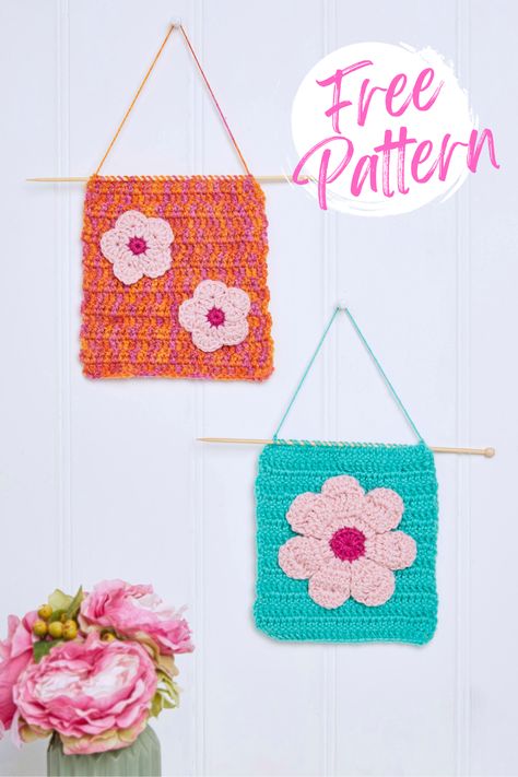 Use your DK yarn stash to make these cute crochet wall hangings Crochet Flower Wall Decor, Floral Wall Hanging, Crochet Wall Hangings, Crochet And Knitting, Quick Crafts, Your Crochet, Yarn Stash, Knitting Magazine, Baby Makes