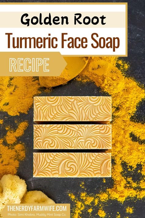 Here's a recipe for a natural turmeric face soap featuring carrot juice, turmeric powder, jojoba oil, and other nourishing ingredients! How To Make Turmeric Soap, Turmeric Soap Recipe Cold Process, Turmeric Soap Recipe, Carrot Soap Recipe, Face Soap Recipe, Facial Soap Recipe, Cold Press Soap Recipes, Face Cream Diy, Tumeric And Kojic Soap