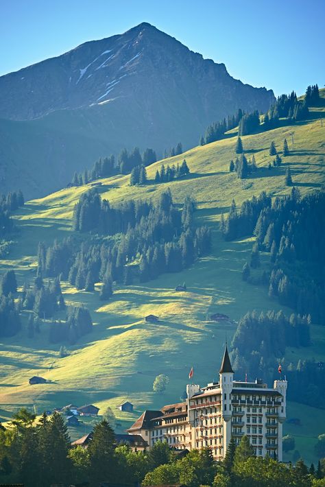 The Gstaad Palace Hotel in the summertime. Switzerland. Photo: Gstaad Palace. Gstaad Palace, Hotel Switzerland, Gstaad Switzerland, Water Yoga, Switzerland Hotels, Switzerland Cities, In The Summertime, Interlaken, Voyage Europe