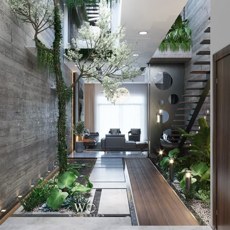 House With Trees Inside, House Plan With Indoor Garden, Interior Garden Design Home, Modern House With Plants, Ots Design In House, Small Indoor Courtyard, Indoor Landscape Design, Wall Decor Plants, Private Garden Design