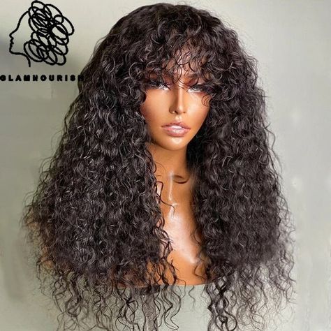 Glueless Brazilian Curly Human Hair Wigs With Bangs 200% Density Shoulder-Grazing Curly Wig with Wispy Bangs Machine Made Wigs - AliExpress Wispy Curly Bangs, Human Hair Wigs With Bangs, Curly Bangs, Curly Human Hair Wig, Wispy Bangs, Curly Wig, Curly Wigs, Wigs With Bangs, Hair Wigs