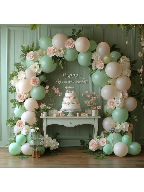 67/117PCSRomantic Balloon Party Scene Illustration, Green And Rose White Balloon Garlands, Elegant Background, Birthday Cake In Front, Suitable For Wedding, Birthday And Engagement Party Decoration, Balloons On The Floor Around The Base Multicolor    Latex     Event & Party Supplies, size features are:Bust: ,Length: ,Sleeve Length: Pink Green Decoration Party, Tinker Bell Balloon Garland, Pink And Green Theme Birthday Party, Green And Pink Birthday Party, Pink And Green Balloon Arch, Pink And Green Balloon Garland, Green Decorations Party, Elegant Balloon Decorations, Garden Party Wedding Theme