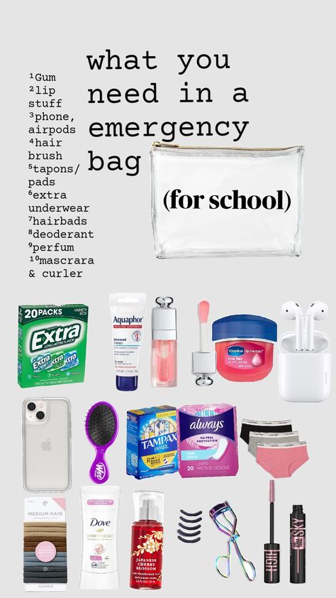 what you need in an emergency bag for school #vaseline #dove #perfume #celvinklein #school Emergency Bag For School, Dove Perfume, High School Essentials, Schul Survival Kits, Middle School Essentials, School Emergency Kit, School Backpack Essentials, Middle School Survival, Preppy School Supplies