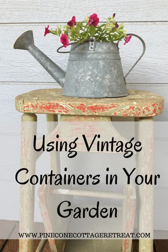 You can use vintage containers in your garden for a one-of-a-kind planter. Check out these suggestions for unusual garden containers. Gemüseanbau In Kübeln, Tattoo Plant, Zestaw Ikon, Container Garden Design, Vintage Containers, Vintage Gardening, Container Gardening Flowers, Garden Junk, Vintage Garden Decor