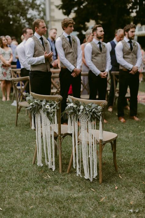 Outdoor Boho Wedding, Wedding Chair Decor, Festoon Lights Outdoor, Macrame Wedding Decor, Macrame Wedding Backdrop, Macrame Chairs, Romantic Outdoor Wedding, Yosemite Wedding, Wedding Chair Decorations