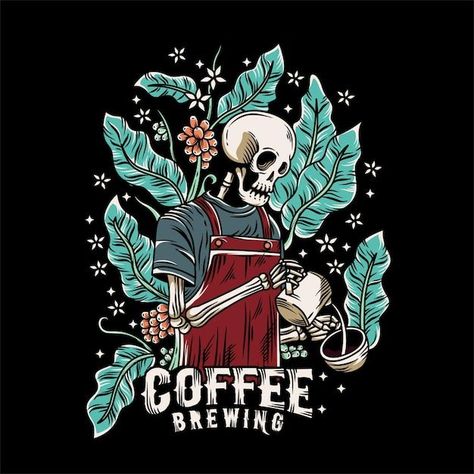 Skeleton Coffee Tattoo, T Shirt Artwork, Skeleton Tshirt Design, Men T Shirt Design Ideas, Coffee Illustration Graphics, Barista Drawing, Vintage Graphic Design Illustration, Barista Illustration, Tshirt Design Coffee