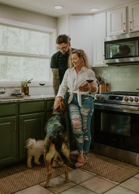 At Home Kitchen Photoshoot, Cozy Kitchen Photoshoot, Engagement Photo At Home, In Home Couples Session Kitchen, Cozy At Home Engagement Photos, Couples Cozy Photoshoot, Cozy Home Engagement Shoot, Cozy At Home Photoshoot Couple, I’m Home Couples Shoot