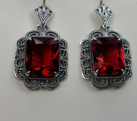 Victorian Ruby Earrings, Red Ruby Earrings, Victorian Filigree, Victorian Accessories, Victorian Cameo, Vampire Goth, Goth Girl, Filigree Earrings, Precious Jewels