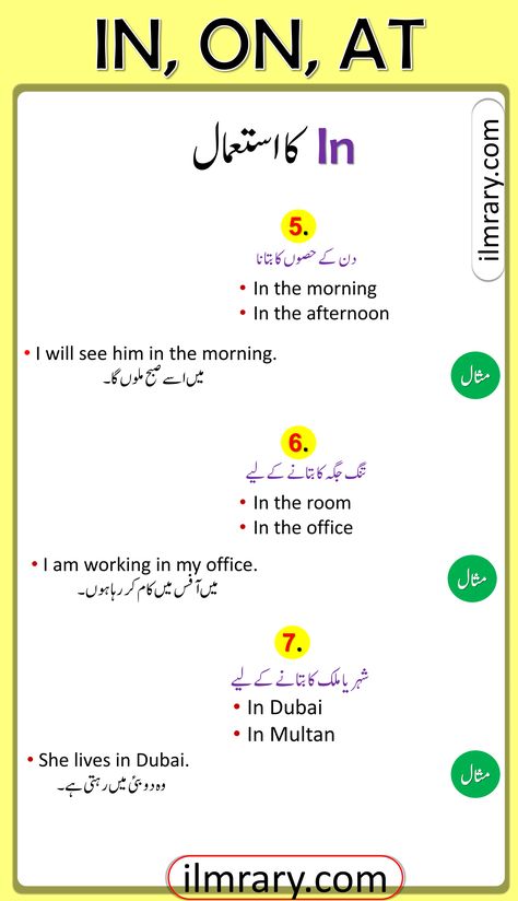 All Uses of ON in English with Urdu Meanings Use of IN, ON, AT in English Grammar with Examples in Urdu Eng Learning, Urdu Grammar, In On At, Basic English Grammar Book, Simple English Sentences, English Notes, English Pronunciation Learning, Basic English Sentences, Basic Vocabulary