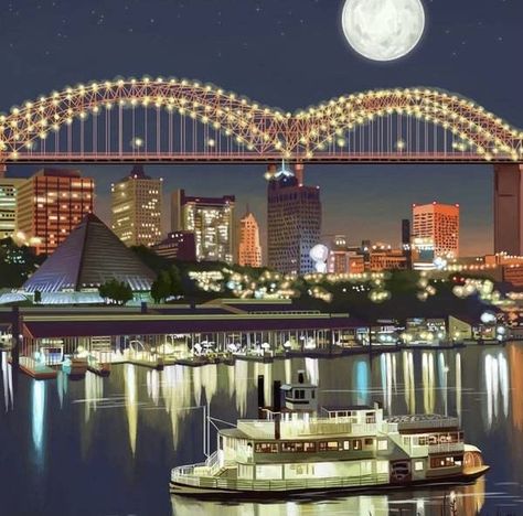 Memphis Bridge, Tennessee Memphis, Steelers Wallpaper, Memphis Skyline, Skyline At Night, Night Skyline, Funky Junk Interiors, Tennessee Vacation, Posters For Sale